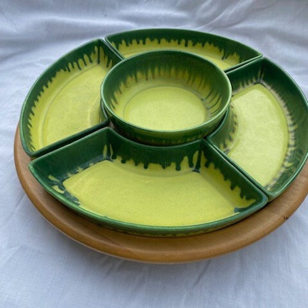 Mid-Century Green Drip Pottery Chip & Dip with Lazy Susan