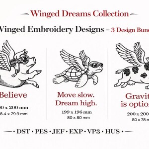 May include: A white graphic design bundle featuring three winged animals: a pig, a turtle, and a cow, each wearing goggles. The text includes "Believe", "Move slow. Dream high.", and "Gravity is optional". The designs are approximately 7.8 x 8 cm.