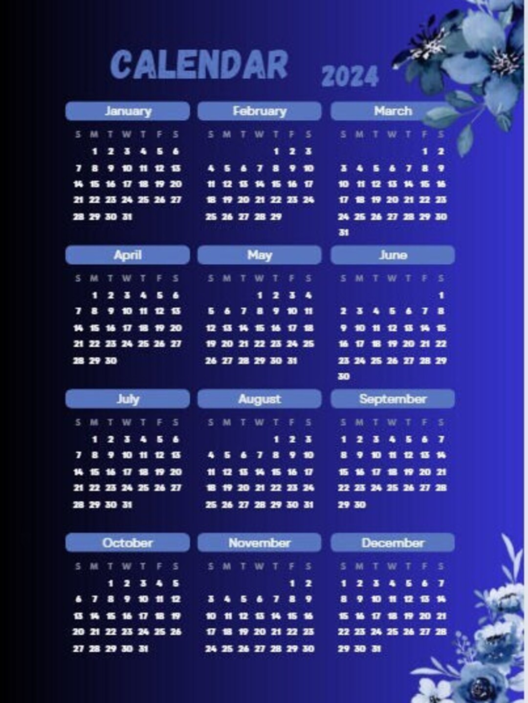 Printable Vertical Annual Calendar 2024 Etsy