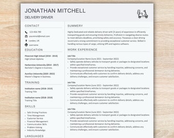 Delivery Driver Resume Template, Google Docs, Microsoft Word, Apple Pages, CV Template, Resume, cover letter template samples