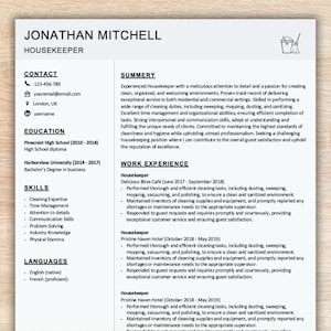 Housekeeper Resume Template, Housekeeper CV Template, Word, Google docs, Pages, Hospitality Resume, cover letter template and samples
