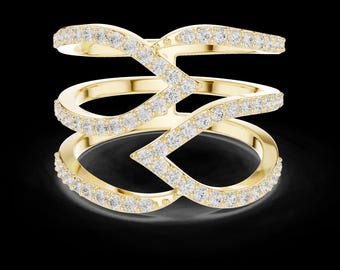 14k Gold Geometric Zigzag Lab Grown Round Diamond Pave Wide Statement Ring Multi Row Openwork Crossover Band For Women Triple Band Gold Ring