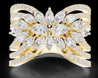 2.00 TCW Lab Created Marquise And Round Cut Diamond, Floral Butterfly Fluid Triple-Band Wave Ring| Accented With Floating Brilliant Diamonds