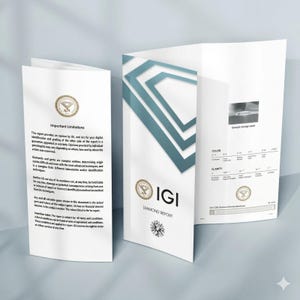 May include: Three-panel white brochure with the text "IGI DIAMOND REPORT" and "Important Limitations". The brochure features a diamond graphic and a color and clarity chart. The brochure is open, displaying the inside pages.