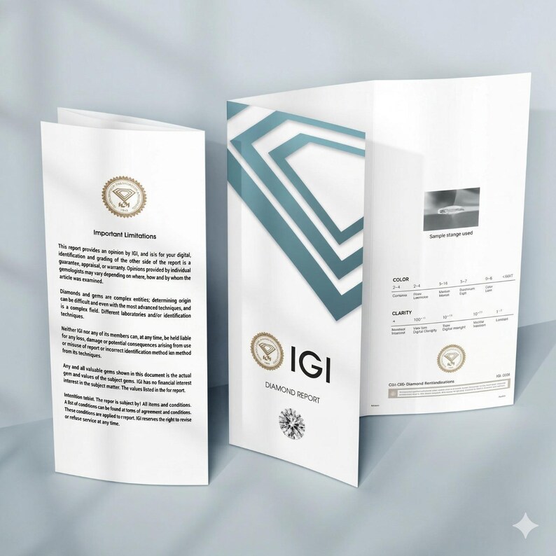May include: Three-panel white brochure with the text "IGI DIAMOND REPORT" and "Important Limitations". The brochure features a diamond graphic and a color and clarity chart. The brochure is open, displaying the inside pages.