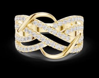 14K Yellow Gold Round Lab Created Diamond, Criss-Cross Elegant Pave Set Multi-Row Diamond, Infinity Band Statement Ring For Women