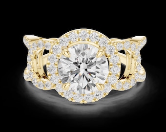 2.00 TCW 14K Gold Round Cut Lab Created Diamond, Halo Engagement Ring With Luxurious Architectural | Triple Split Shank Pave Band