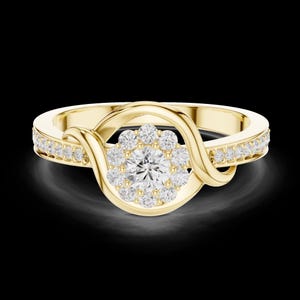 Elegante anillo de compromiso de oro de 14k con diamante redondo creado en laboratorio, halo floral y banda con micro pavé curvado / Regalo para ella