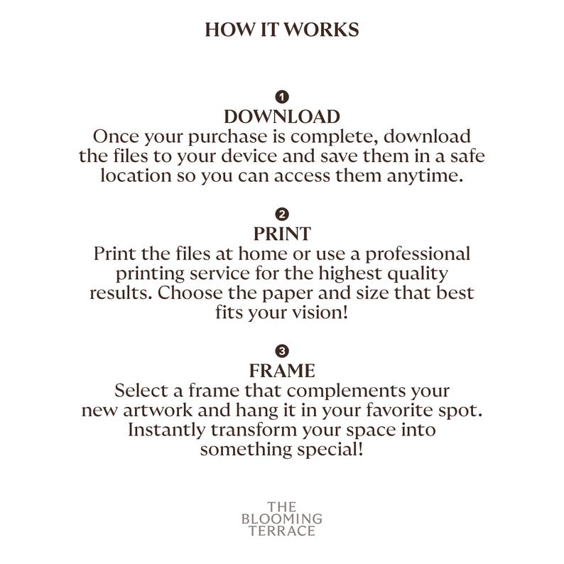 May include: How to download, print, and frame digital art.  The steps are numbered 1, 2, and 3.  The text says "Download, Print, Frame".  The text also says "The Blooming Terrace".