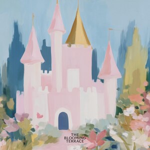 Whimsical pink fairytale castle with golden spires surrounded by colorful flowers and greenery, set against a dreamy blue sky. Digital download wall art perfect for nursery, girls bedroom, or princess-themed decor.
