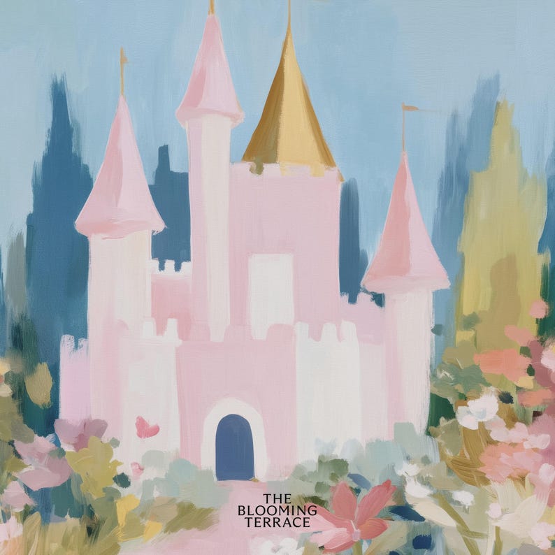 Whimsical pink fairytale castle with golden spires surrounded by colorful flowers and greenery, set against a dreamy blue sky. Digital download wall art perfect for nursery, girls bedroom, or princess-themed decor.