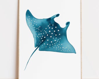 Watercolor Manta Ray Print, Ocean Wall Art, Beach House Decor (Digital Download)