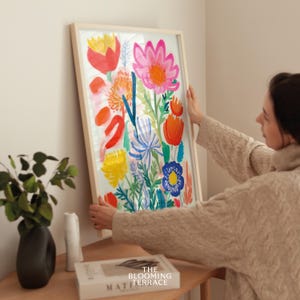Colorful summer flowers print in a soft girl aesthetic, perfect for farmhouse room decor or preppy wall art. Digital download featuring cottagecore botanical vibes for dorm spaces.