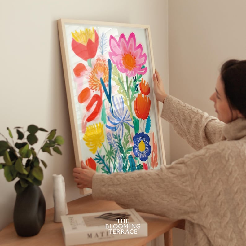 Colorful summer flowers print in a soft girl aesthetic, perfect for farmhouse room decor or preppy wall art. Digital download featuring cottagecore botanical vibes for dorm spaces.