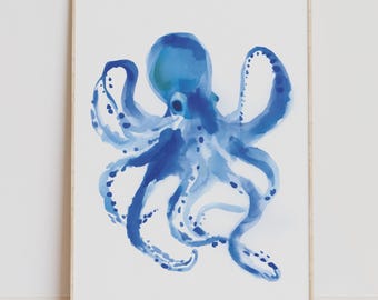 Blue Watercolor Octopus Print, Coastal Nursery Decor, Nautical Bathroom Art (Digital Download)
