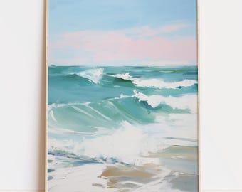 Ocean Waves Pink Sky Sea Art, Colorful Seascape Maritime Decor (Digital Download)