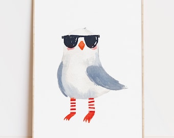 Funny Seagull Wall Art Print, Seaside Bird with Sunglasses, Quirky Beach Decor (Digital Download)