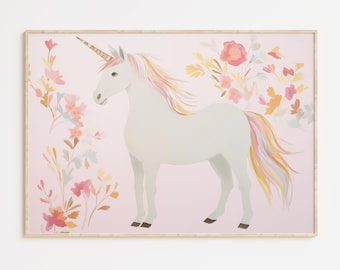パステルカラーのユニコーンプリント、魔法のような幻想的なプリンセスウォールアート、森の子供部屋向け（デジタルダウンロード）