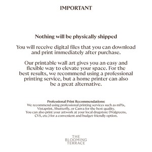 May include: Text on a white background that reads "IMPORTANT" and explains that the product is a digital download and not a physical item. It also recommends using a professional printing service for best results, but a home printer can also be used. The text also includes a list of professional printing services and local drugstores that can be used to print the digital files.
