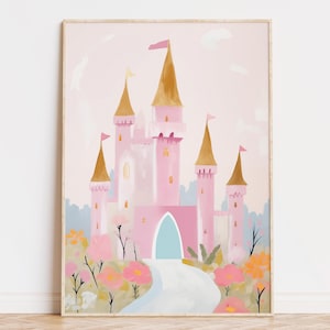 Impresión de castillo de cuento de hadas, descarga digital, impresión de princesa mágica, arte de pared para guardería, habitación de niños, decoración de sala de juegos, imprimible suave en tonos pastel para niñas