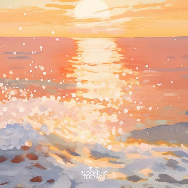Ocean Sunset Painting with pastel tones, available as a digital download. Perfect for nautical decor, summer preppy style, dorm rooms, and beach house coastal wall art.