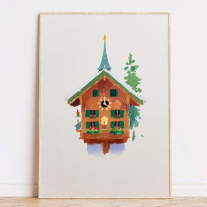 May include: Watercolor painting of a traditional cuckoo clock. The clock is brown with a green roof and shutters. The clock face shows a sunburst design. Small red flowers are in window boxes. A green tree is to the right of the clock.