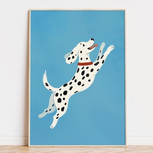 Playful Dalmatian Dog Wall Art Print, Nursery Animal Illustration, Dog Artwork for Kids Room Decor, Dog Lover Gift, Blue Background Poster