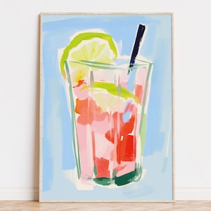 レモネードのアートプリント、夏のドリンクの水彩画、柑橘系のキッチンの壁飾り、鮮やかなフルーティーなドリンクのデジタルダウンロード、バーカートのプリント