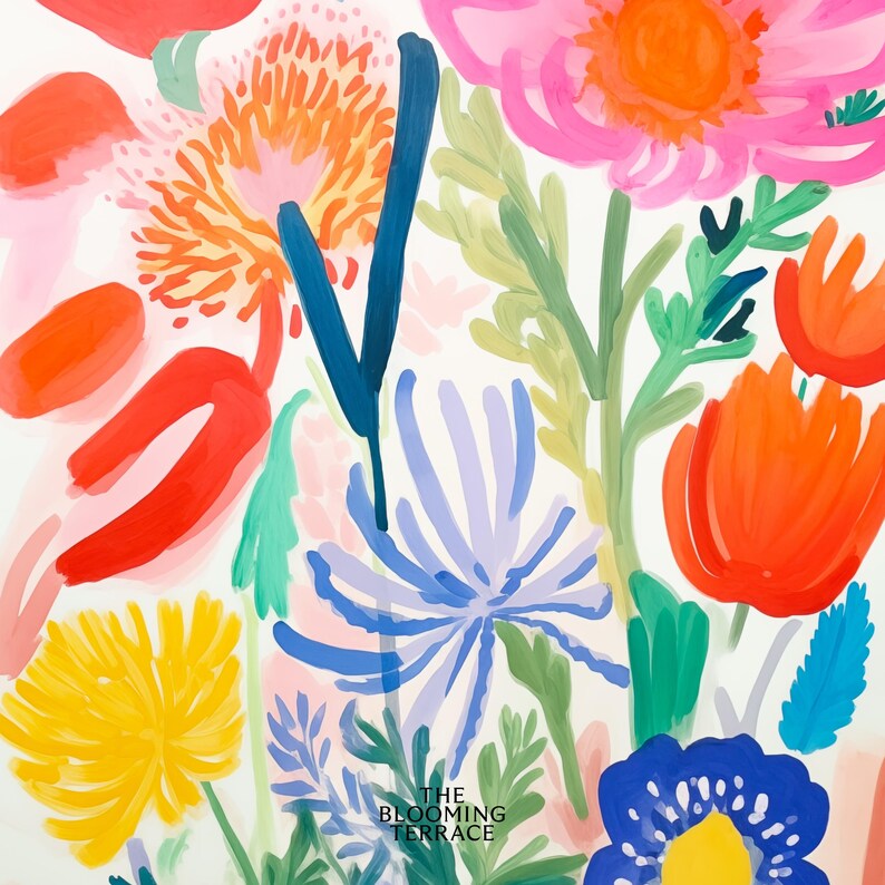 Colorful summer flowers print in a soft girl aesthetic, perfect for farmhouse room decor or preppy wall art. Digital download featuring cottagecore botanical vibes for dorm spaces.