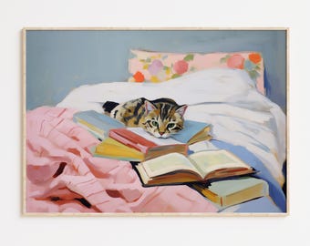 Cat in Bed Art, Book Lover Print, Reading nook poster (Digital Download)