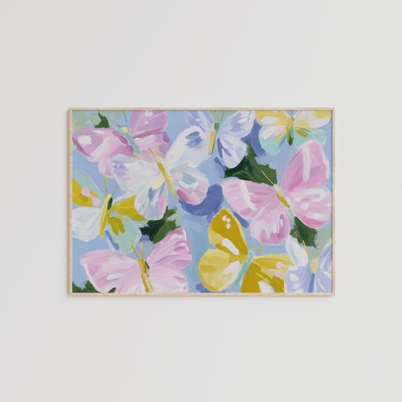 Whimsical Butterfly Wall Print, Blue Yellow Pink Art, Pastel Danish Decor (Digital Download)