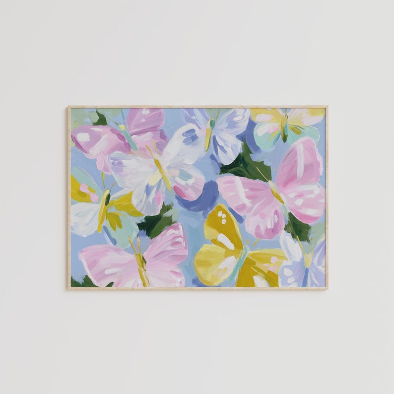 Colorful pastel butterflies in pink, yellow, lavender, and white with painterly brushstrokes on a light blue background. Whimsical digital download wall art, perfect for nursery, girls bedroom, or springtime decor.