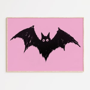 Pink Bat Painting, Halloween Digital Download, Girly Halloween Wall Art Print, Dopamine Decor, Girl&#39;s Room Printable, Spooky Cute Art