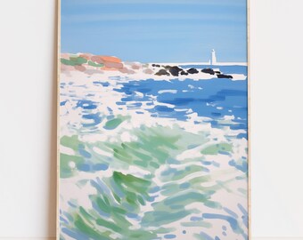 Lighthouse Coastal Painting: Abstract Pastel Beach Art (Digital Download)