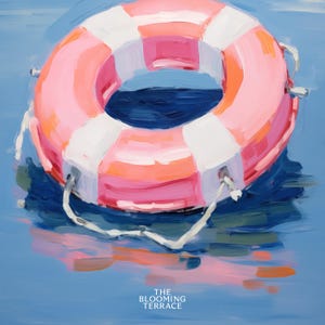 Digital painting of a pink and white lifebuoy floating on calm blue water. Bright and playful coastal art with summery, nautical vibes.