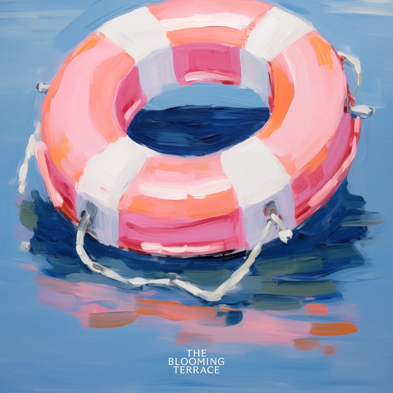Digital painting of a pink and white lifebuoy floating on calm blue water. Bright and playful coastal art with summery, nautical vibes.