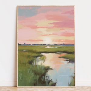 May include: A painting depicting a pink and orange sunset over a marsh with a winding creek in the foreground.