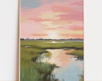 Marsh Sunset Landscape Print, Soft Light Painting, Pastel Coastal Art (Digital Download)