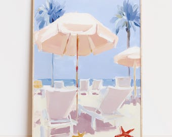 Pastel Seaside Wall Art Print, Digital Download, Beach Umbrella and Lounge Chairs Coastal Decor