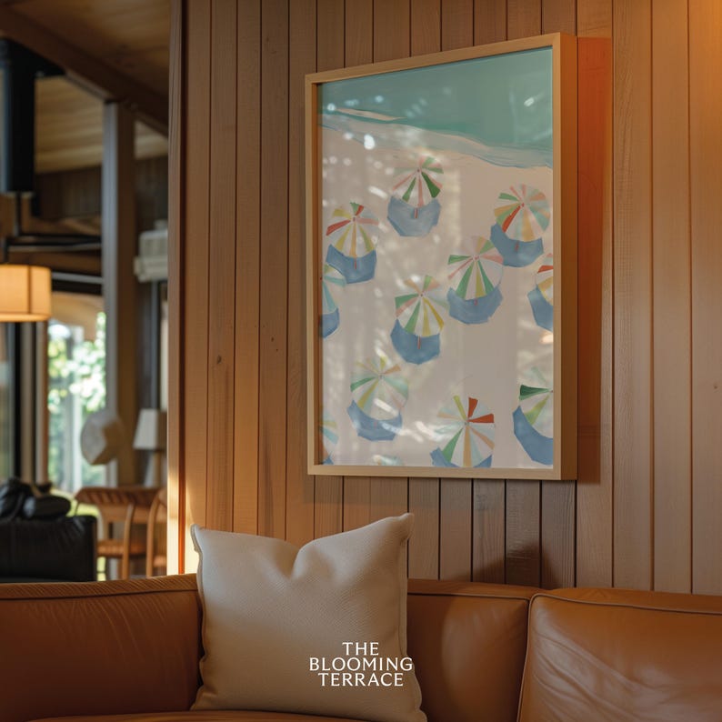 Vibrant pastel painting of colorful beach umbrellas arranged neatly on a sandy shore near the ocean. The artwork features soft hues of blue, green, pink, yellow, and red under a turquoise sea and a serene sky, creating a calm, tropical and coastal atmosphere perfect for summer and seaside decor.