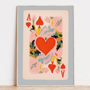 Impression d'art As de coeur, téléchargement numérique, carte à jouer florale, décoration de chambre coquette preppy, esthétique girly, art mural pour dortoir, vous portez chance