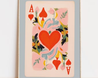 Ace of Hearts Art Print, Digital Download, Floral Playing Card, Preppy Coquette Room Decor, Girly Aesthetic, Dorm Wall Art, Lucky You