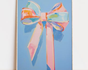 Soft Pink and Blue Bow Art Print, Digital Download, Preppy Room Decor, Coquette Room, Girly Aesthetic, Dorm Teen Wall Art Printable