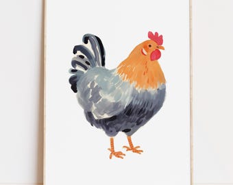 Arte mural de gallo en acuarela, póster de pollo colorido, decoración de guardería de granja (descarga digital)