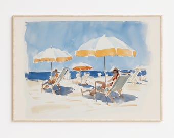 Watercolor Beach Day Painting: Coastal Umbrella Wall Art (Digital Download)