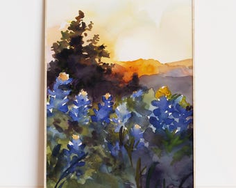 Texas Bluebonnet Kunst, Aquarell Sonnenuntergang Wanddruck, Bauernhaus Dekor, Wildblumen Landschaft (Digitaler Download)