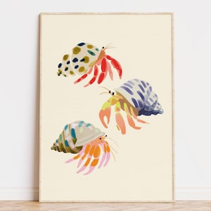 Hermit Crab Wall Art, Coastal Ocean Watercolor Print, Modern Beach Decor (Digital Download)