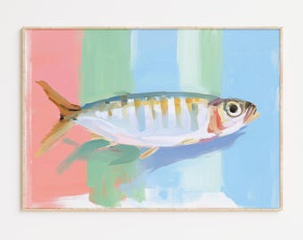 Pastell Sardine Druck Illustration, digitaler Download, Küsten Küche Wandkunst, moderne Fische druckbare
