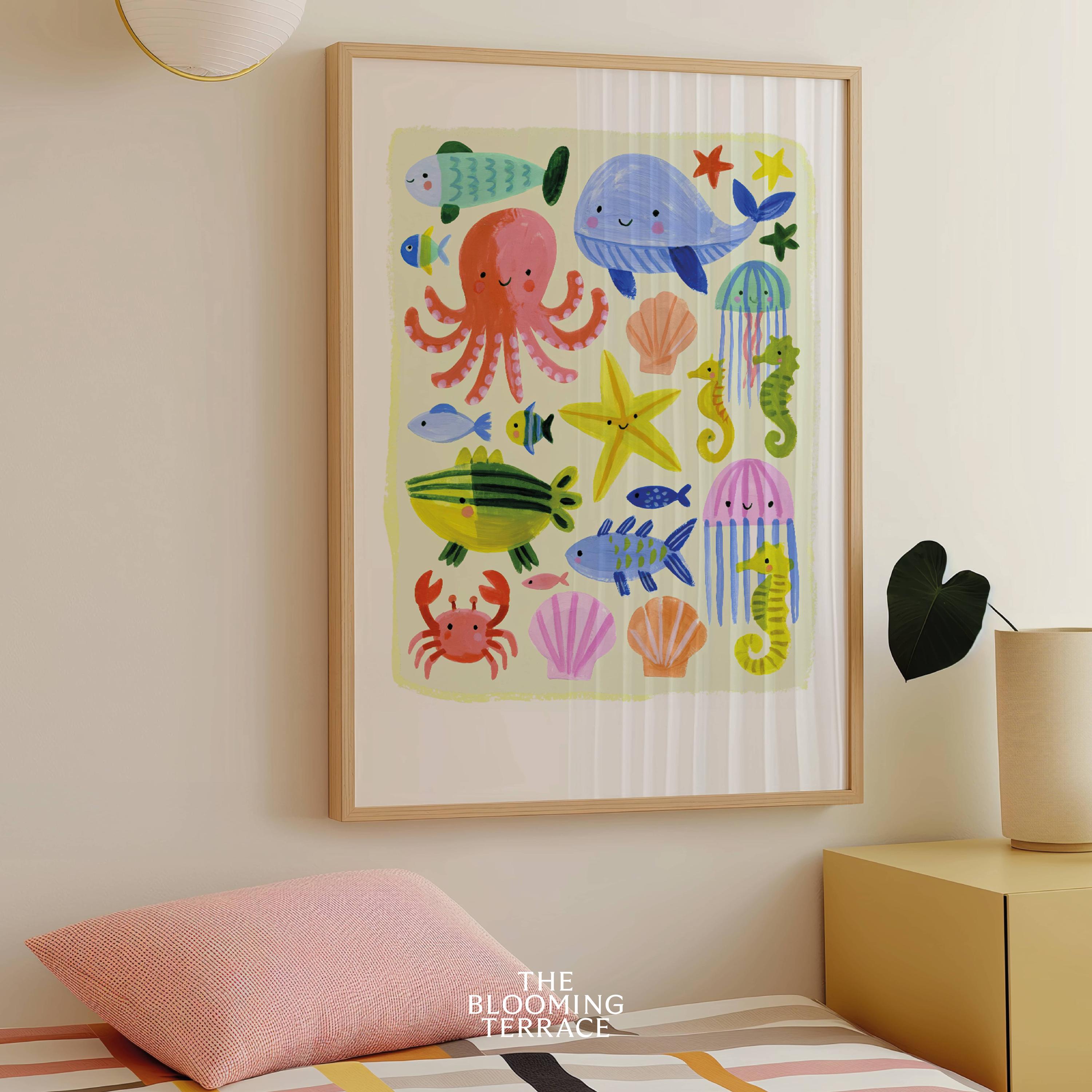 Sea Creatures Wall Art, Whimsical Ocean Nursery Print, Kids Room Decor ...