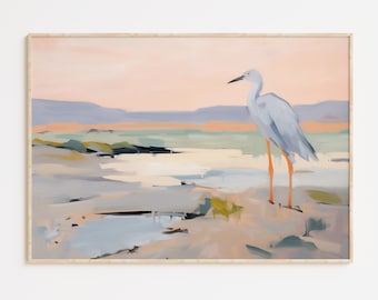 Blue Heron Artwork, Marsh Landscape Seashore Painting, Pastel Coastal Art (Digital Download)